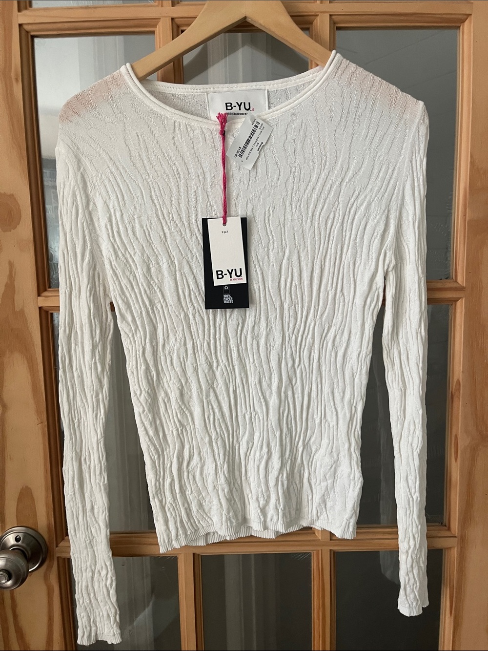 NEW B-YU long sleeve texture crew top,  off white small lightweight anthropology